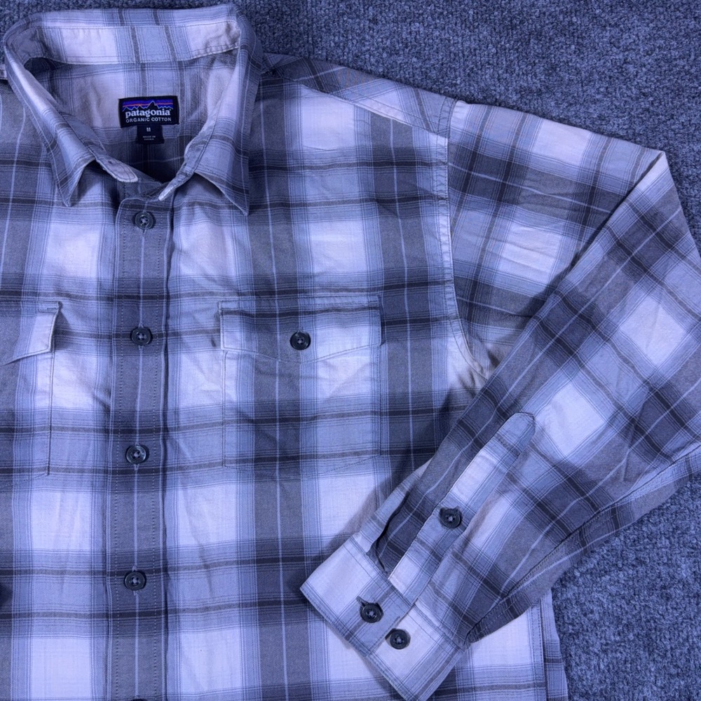 Patagonia Mens Buckshot Flannel Shirt Gray Plaid 90s Grunge Organic Cotton M